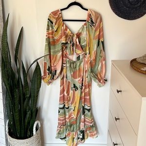 Patterned puff sleeve midi dress